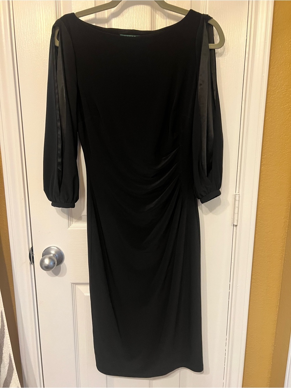 Lauren Ralph Lauren Black Ruched Sheath Dress with Slit Sleeves, Size 6